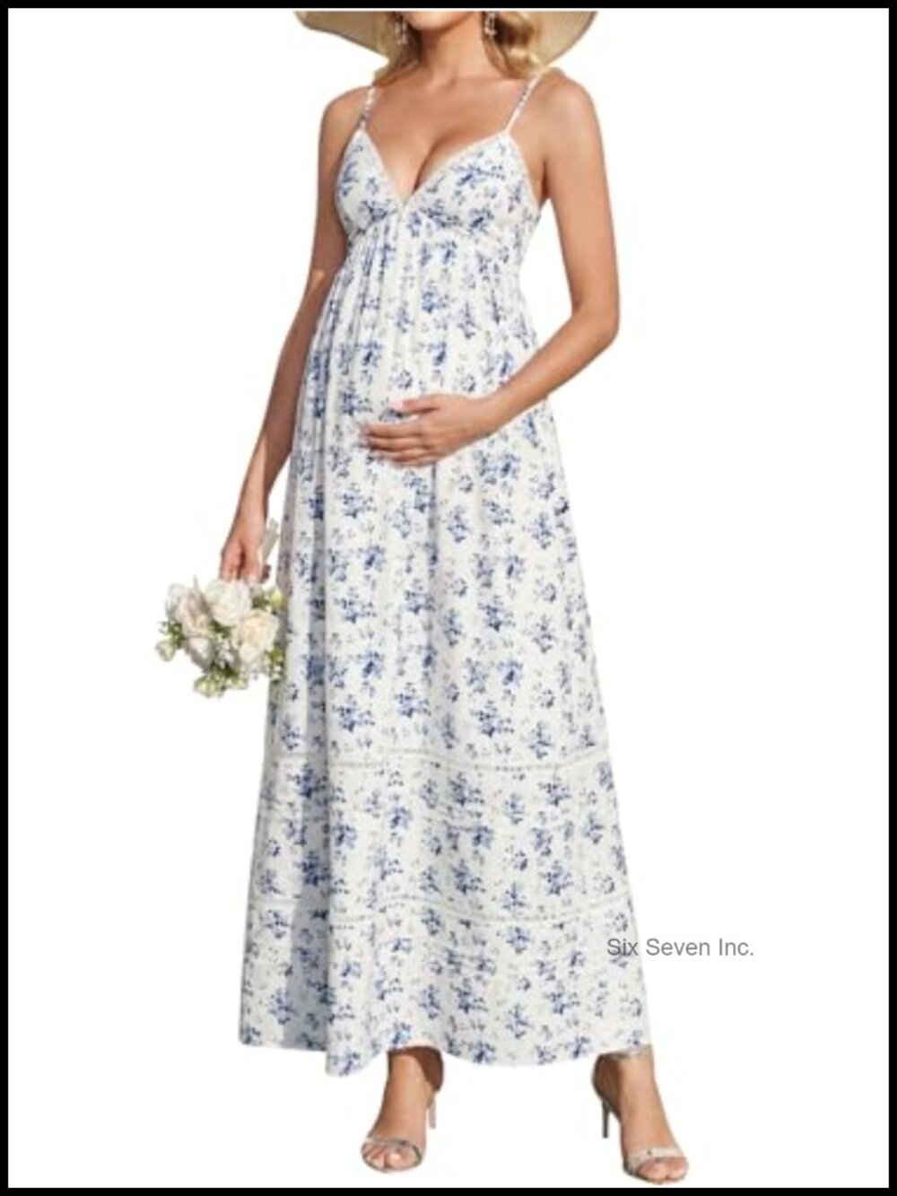 Maternity Maxi Dress Floral V-Neck Flowy Boho Summer